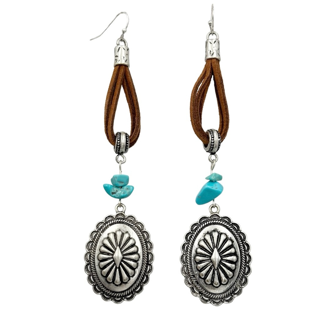Western Concho Charm Faux Suede Long Dangle Earrings